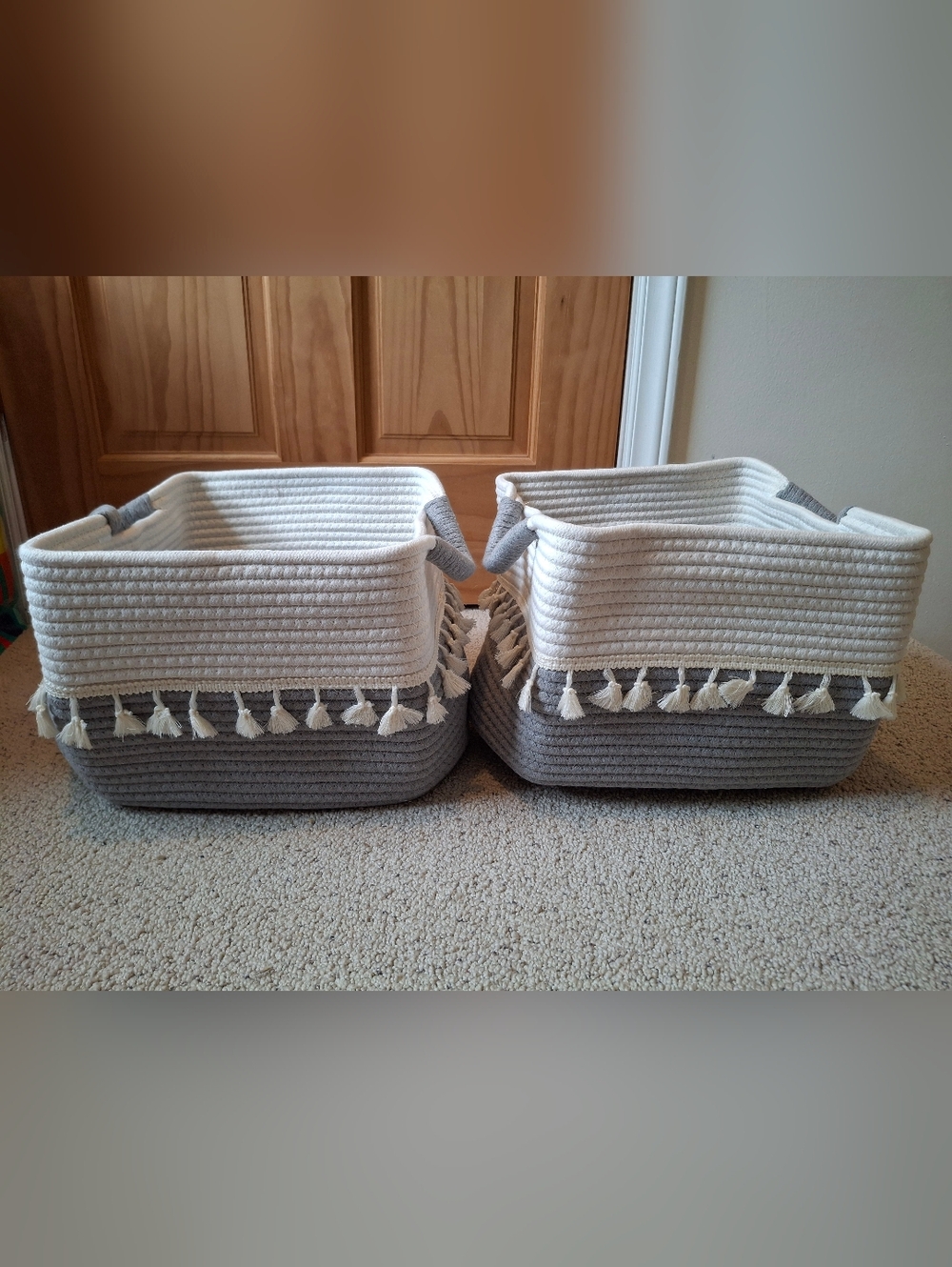 NEW Pair of Gray & Cream Tassel Rope Storage Baskets